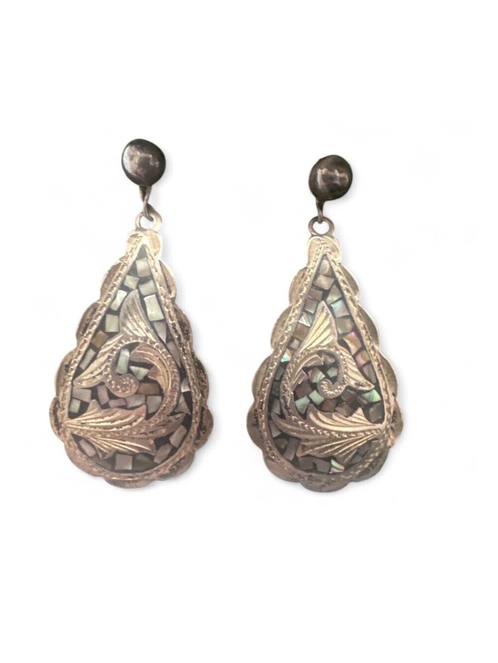 Vintage Taxco 925 Silver and Abalone Inlay Artisan Crafted Drop Earrings